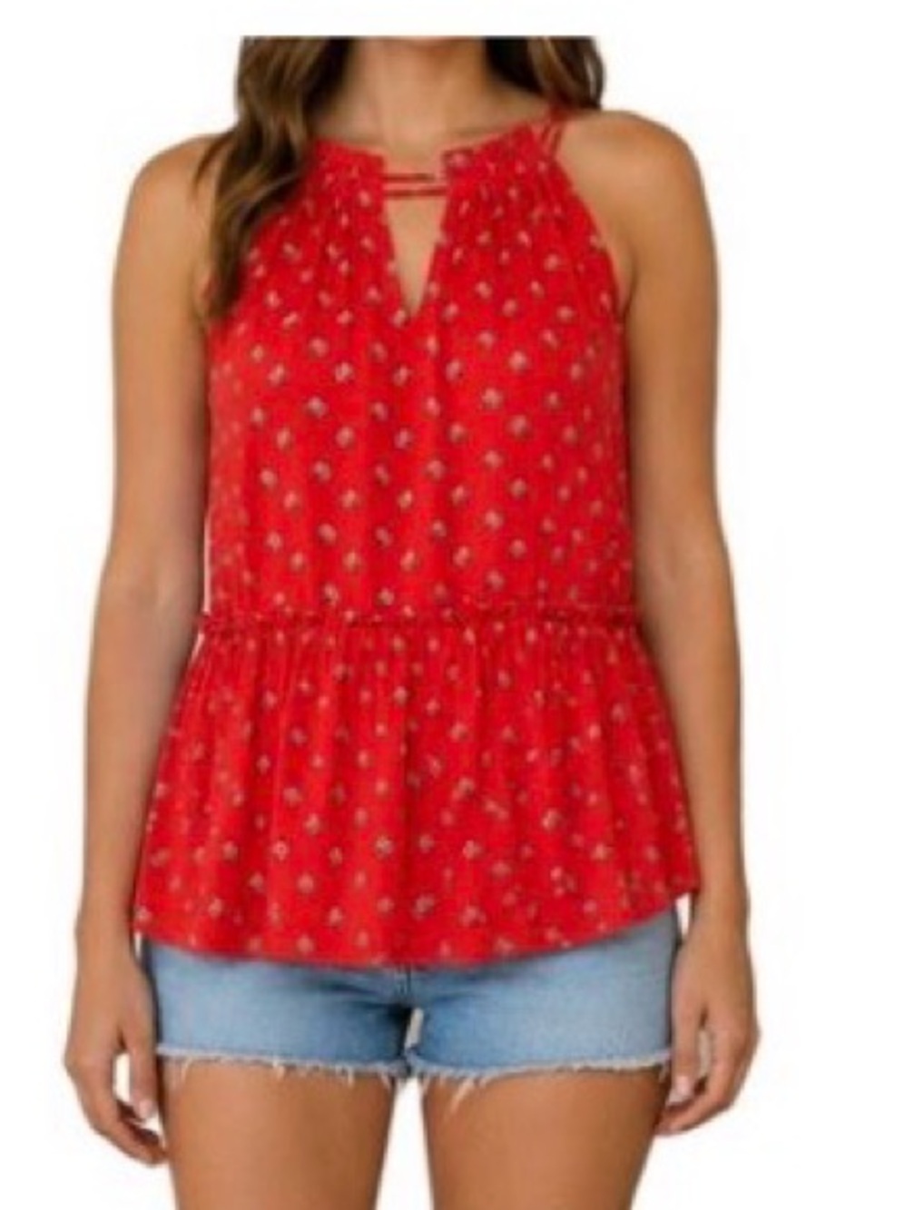 LOFT Red Floral Halter Peplum Sleeveless Top